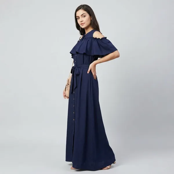 Ruffled_Buttoned_Cold_Shoulder_Maxi_Dress
