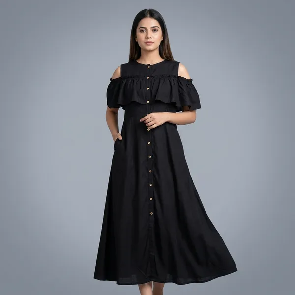 Ruffled_Buttoned_Cold_Shoulder_Maxi_Dress