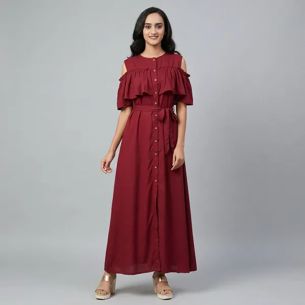 Ruffled_Buttoned_Cold_Shoulder_Maxi_Dress