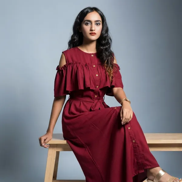 Ruffled_Buttoned_Cold_Shoulder_Maxi_Dress