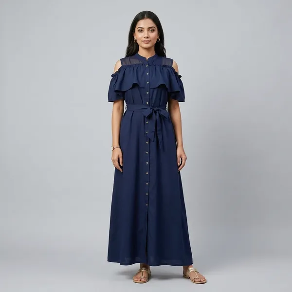 Ruffled_Buttoned_Cold_Shoulder_Maxi_Dress