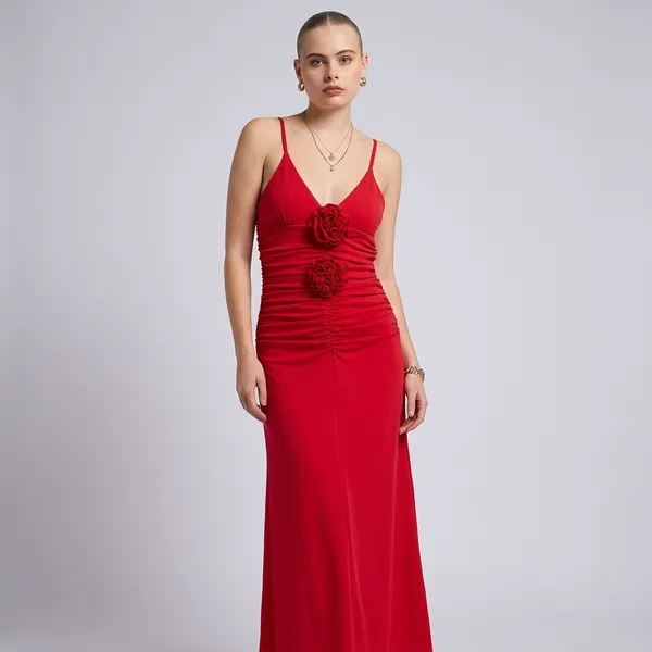 Stretchable_Ruched_Rosette_Maxi_Dress