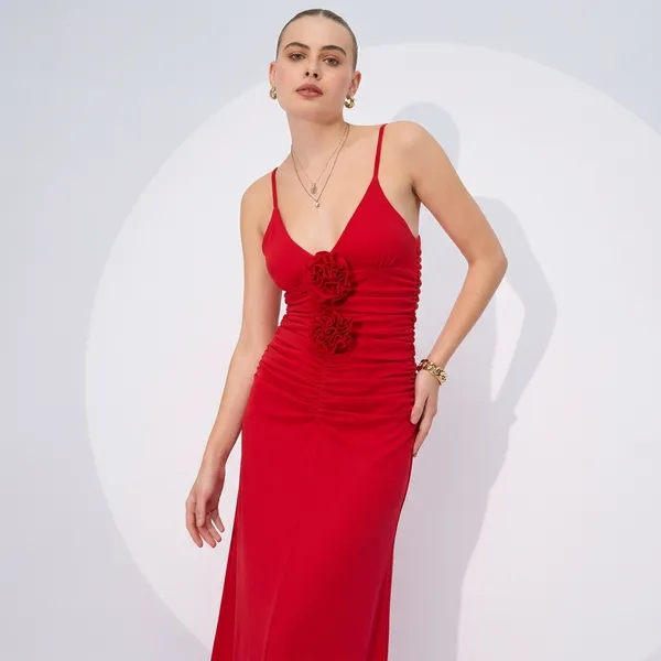 Stretchable_Ruched_Rosette_Maxi_Dress