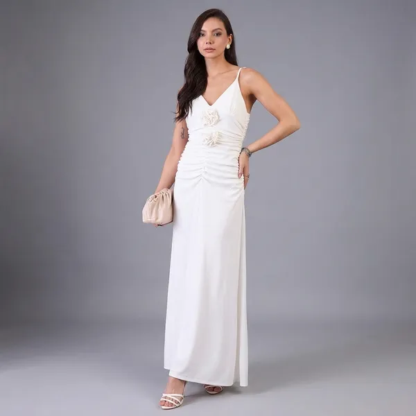 Stretchable_Ruched_Rosette_Maxi_Dress