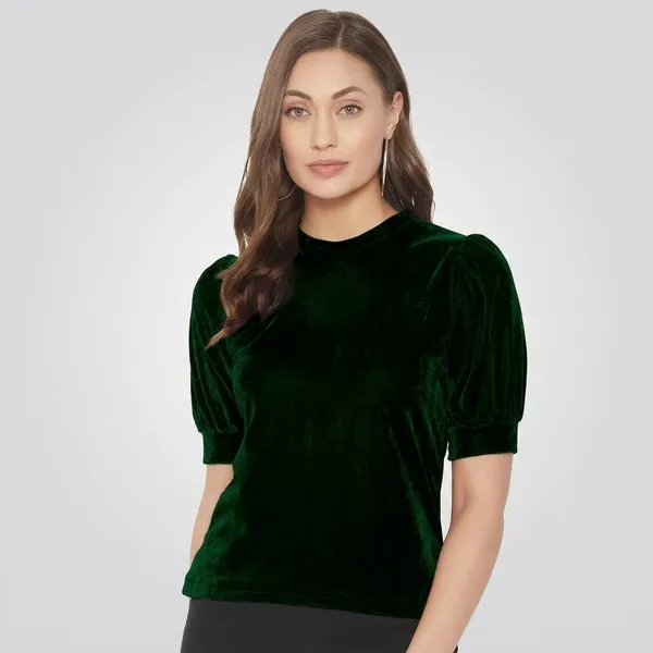 Stretchable_Velvet_High_Neck_Puff_Sleeve_Top