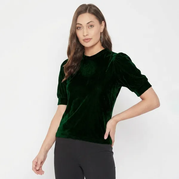 Stretchable_Velvet_High_Neck_Puff_Sleeve_Top