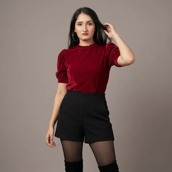 Stretchable_Velvet_High_Neck_Puff_Sleeve_Top