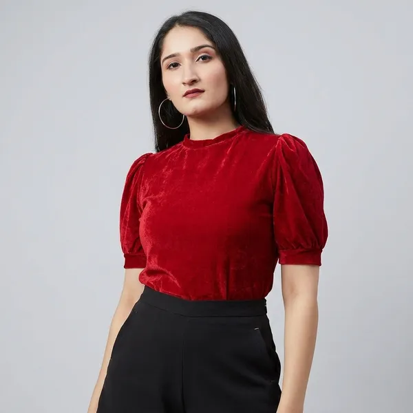 Stretchable_Velvet_High_Neck_Puff_Sleeve_Top