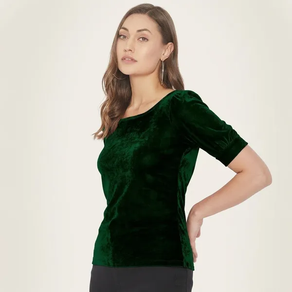 Stretchable_Velvet_Round_Neck_Puff_Sleeve_Top