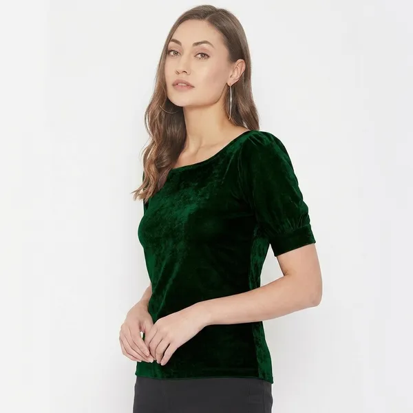 Stretchable_Velvet_Round_Neck_Puff_Sleeve_Top
