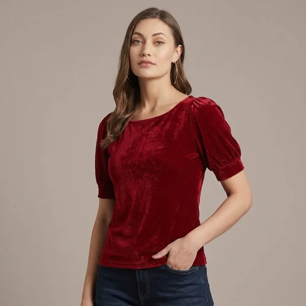 Stretchable_Velvet_Round_Neck_Puff_Sleeve_Top