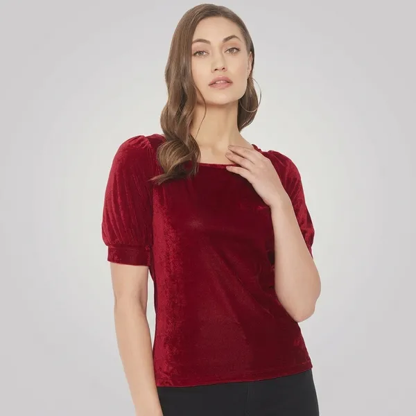 Stretchable_Velvet_Round_Neck_Puff_Sleeve_Top