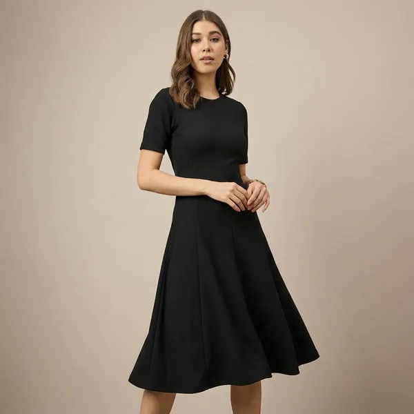Stretchable_Flared-Skirt_Ribbed_Dress