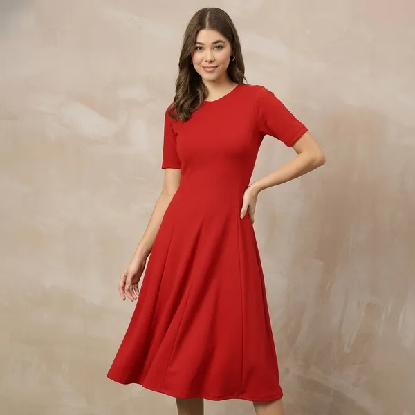 Stretchable_Flared-Skirt_Ribbed_Dress
