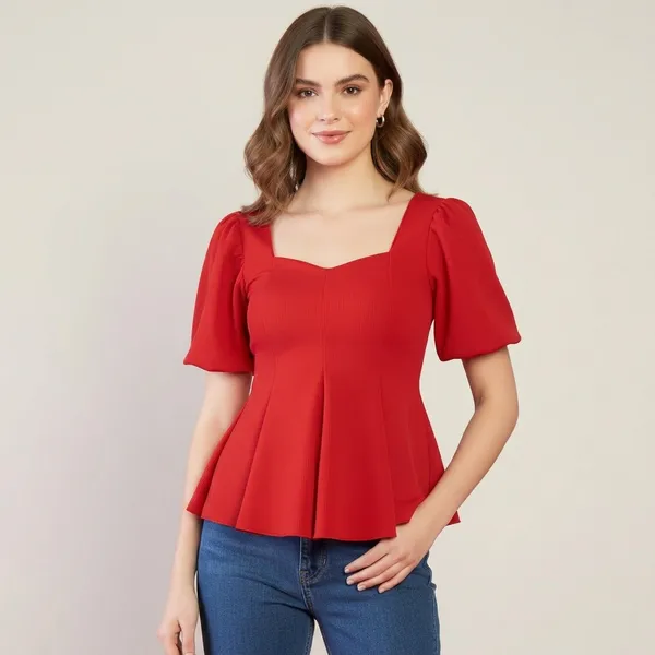Stretchable_Puff_Sleeves_Peplum_Top