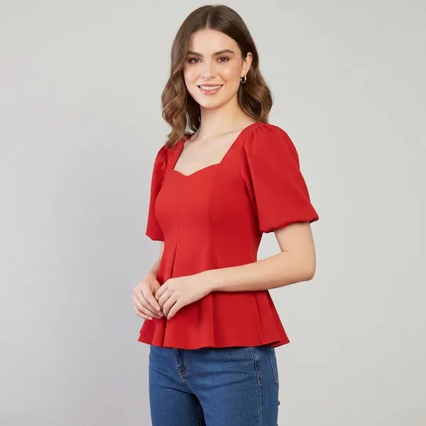Stretchable_Puff_Sleeves_Peplum_Top