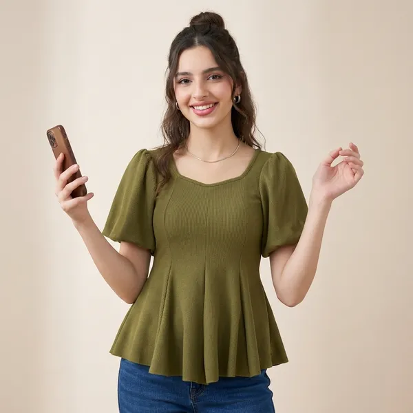 Stretchable_Puff_Sleeves_Peplum_Top