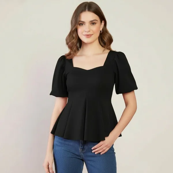 Stretchable_Puff_Sleeves_Peplum_Top