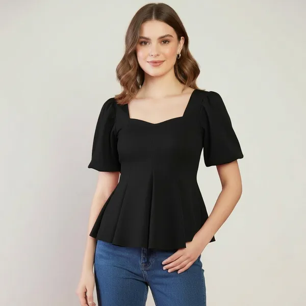 Stretchable_Puff_Sleeves_Peplum_Top