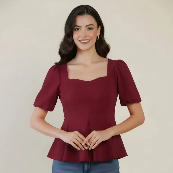 Stretchable_Puff_Sleeves_Peplum_Top