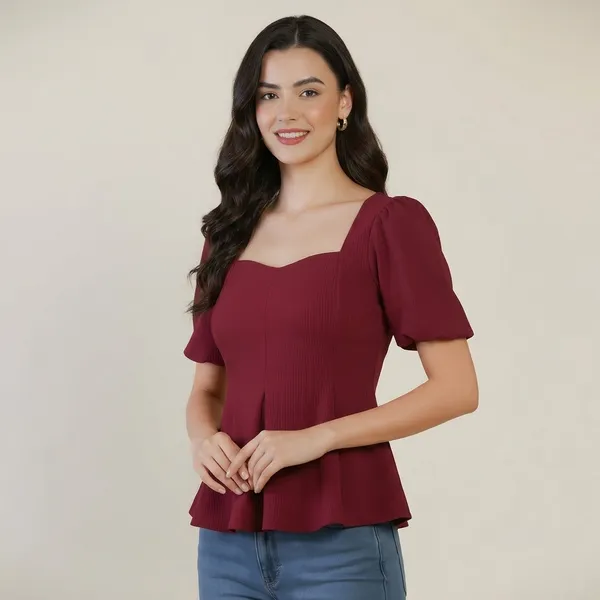 Stretchable_Puff_Sleeves_Peplum_Top