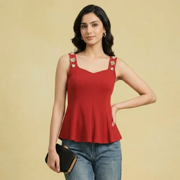 Stretchable_Ribbed_Embellished_Peplum_Top