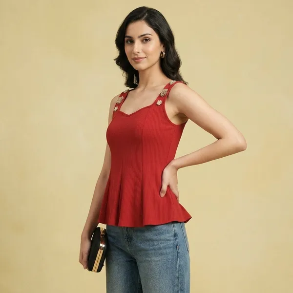 Stretchable_Ribbed_Embellished_Peplum_Top