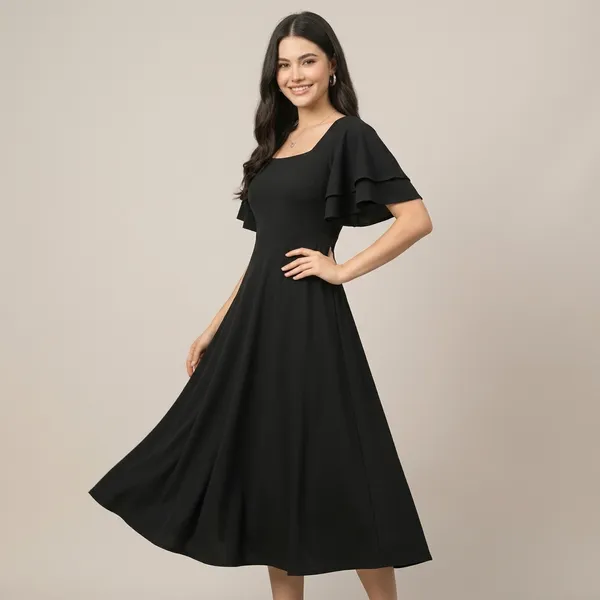 Stretchable_Ruffled_Sleeve_Fit_&_Flare_Dress