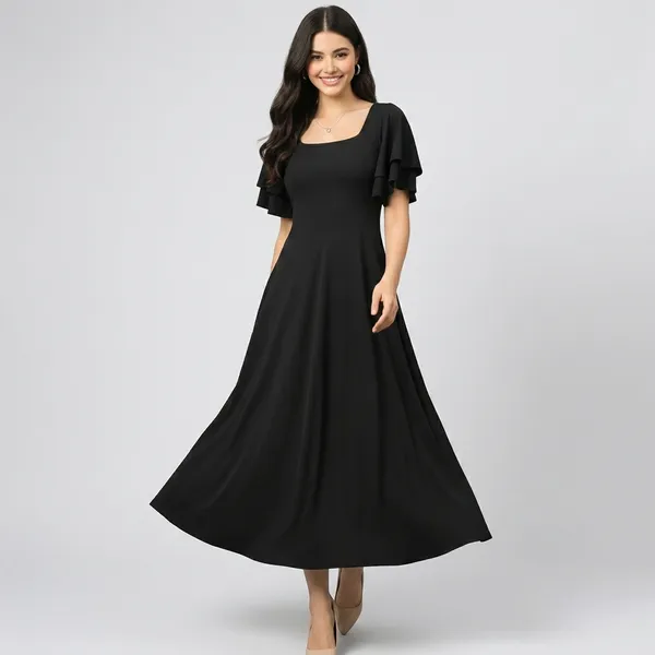 Stretchable_Ruffled_Sleeve_Fit_&_Flare_Dress