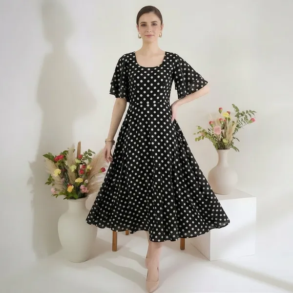Stretchable_Ruffled_Sleeve_Fit_&_Flare_Dress