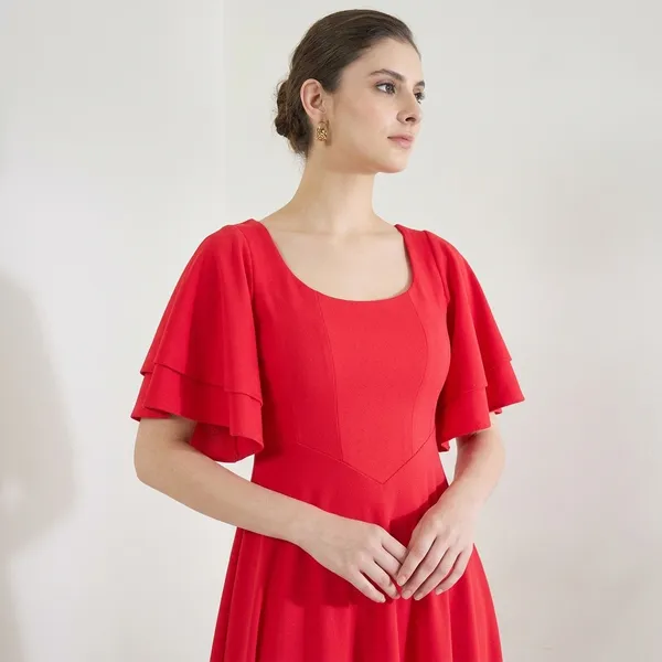 Stretchable_Ruffled_Sleeve_Fit_&_Flare_Dress