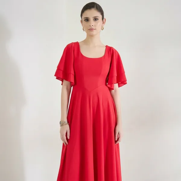 Stretchable_Ruffled_Sleeve_Fit_&_Flare_Dress