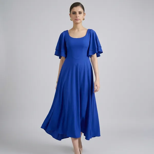 Stretchable_Ruffled_Sleeve_Fit_&_Flare_Dress