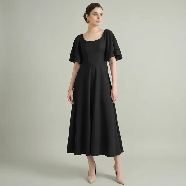 Stretchable_Ruffled_Sleeve_Fit_&_Flare_Dress