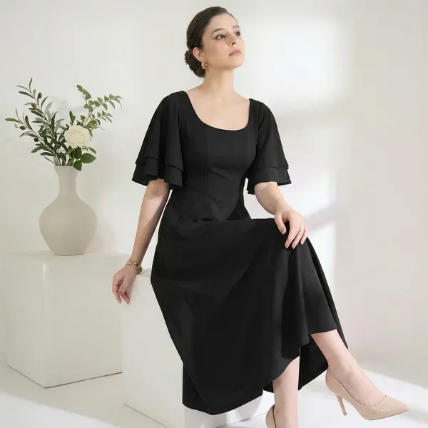 Stretchable_Ruffled_Sleeve_Fit_&_Flare_Dress