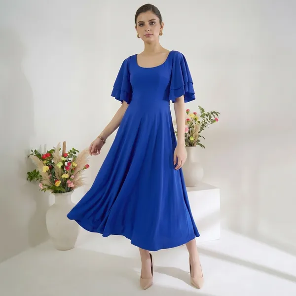 Stretchable_Ruffled_Sleeve_Fit_&_Flare_Dress