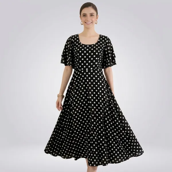 Stretchable_Ruffled_Sleeve_Fit_&_Flare_Dress