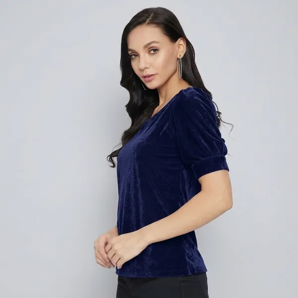 Stretchable_Velvet_Round_Neck_Puff_Sleeve_Top