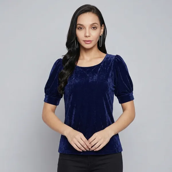 Stretchable_Velvet_Round_Neck_Puff_Sleeve_Top