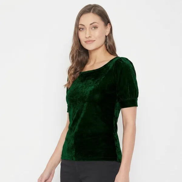 Stretchable_Velvet_Round_Neck_Puff_Sleeve_Top
