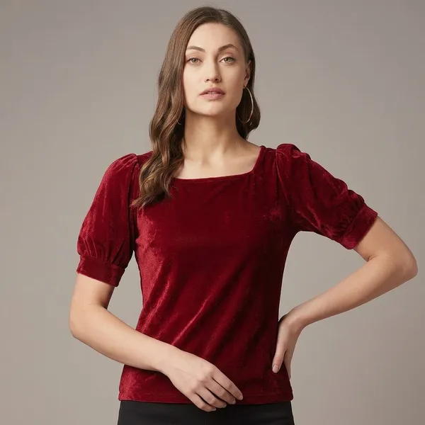 Stretchable_Velvet_Round_Neck_Puff_Sleeve_Top