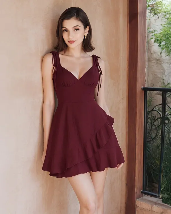 Ruffle_Wrap_V_Neck_Short_Sleeve_Tie_Knot_Short_Dress_In_Maroon