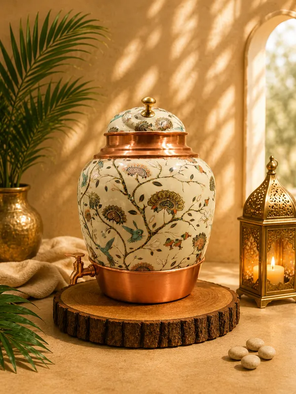 Ceramic_Festive_Floral_Bird_Print_Copper_Accent_Beverage_Dispenser