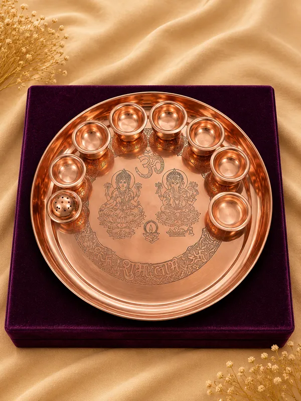 Copper_Traditional_Lakshmi_Ganesh_Om_Engraved_Pooja_Thali_Set