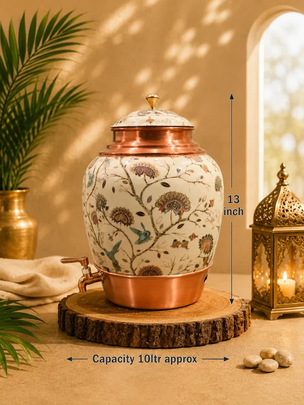 Ceramic_Festive_Floral_Bird_Print_Copper_Accent_Beverage_Dispenser