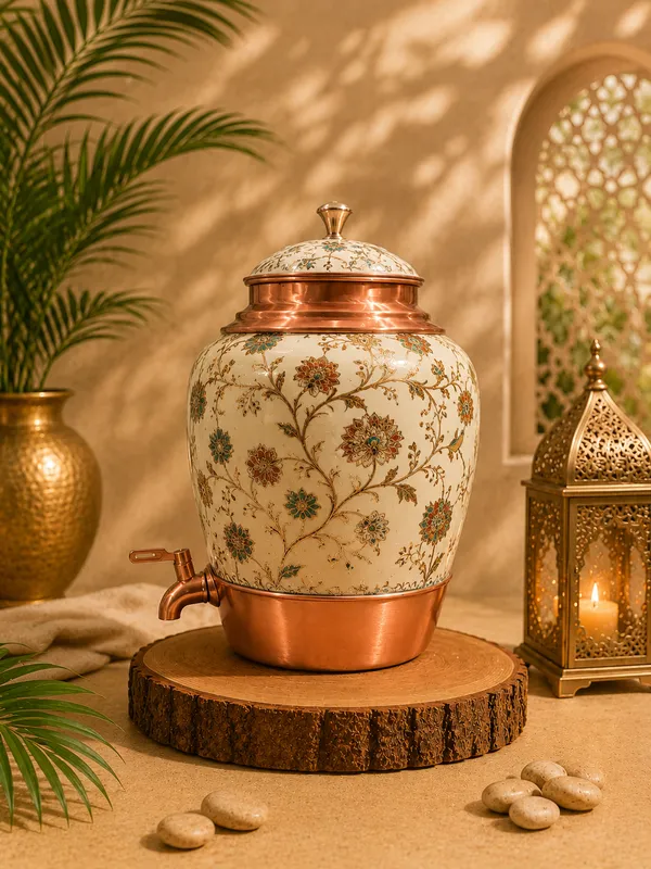 Ceramic_Festive_Floral_Bird_Print_Copper_Accent_Beverage_Dispenser