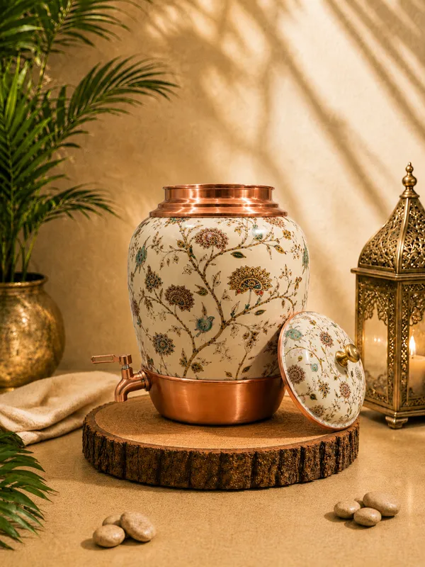 Ceramic_Festive_Floral_Bird_Print_Copper_Accent_Beverage_Dispenser