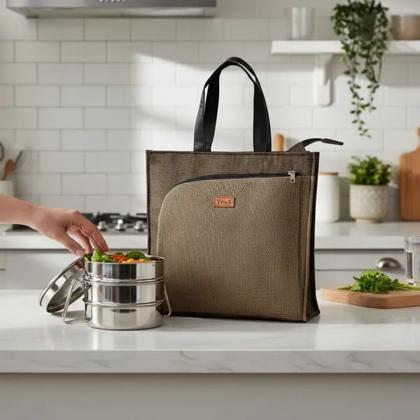 Brown_gold_Polyjute_Lunch_Bag_With_Front_Pocket