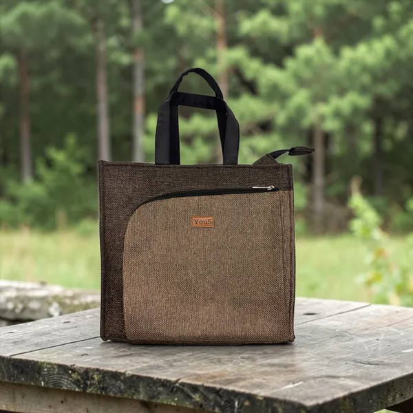 Brown_gold_Polyjute_Lunch_Bag_With_Front_Pocket