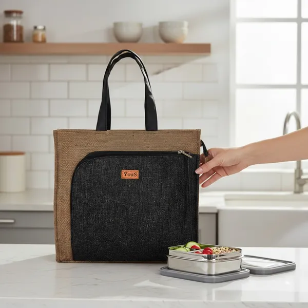 Gold_Black_Polyjute_Lunch_Bag_With_Front_Pocket
